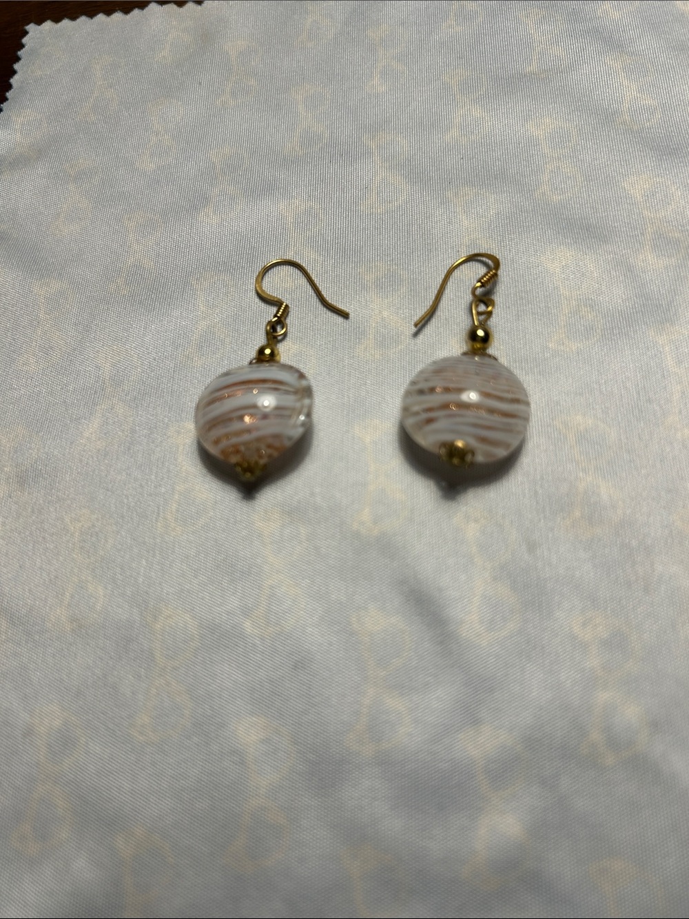 Gold-Tone White and Pink Swirl Glass Bead Drop Earrings